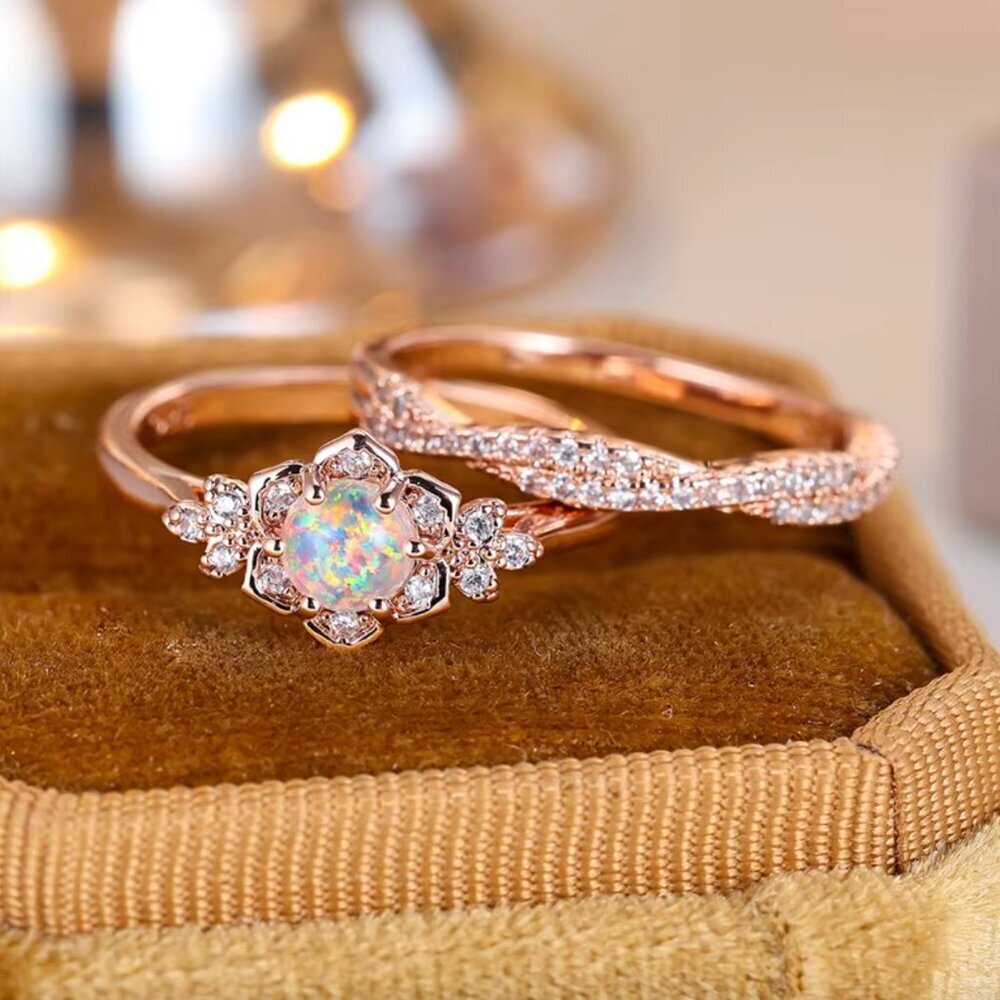 NEW 14k Rose Gold Diamond Ring Band Set of 2 Stackable Rings